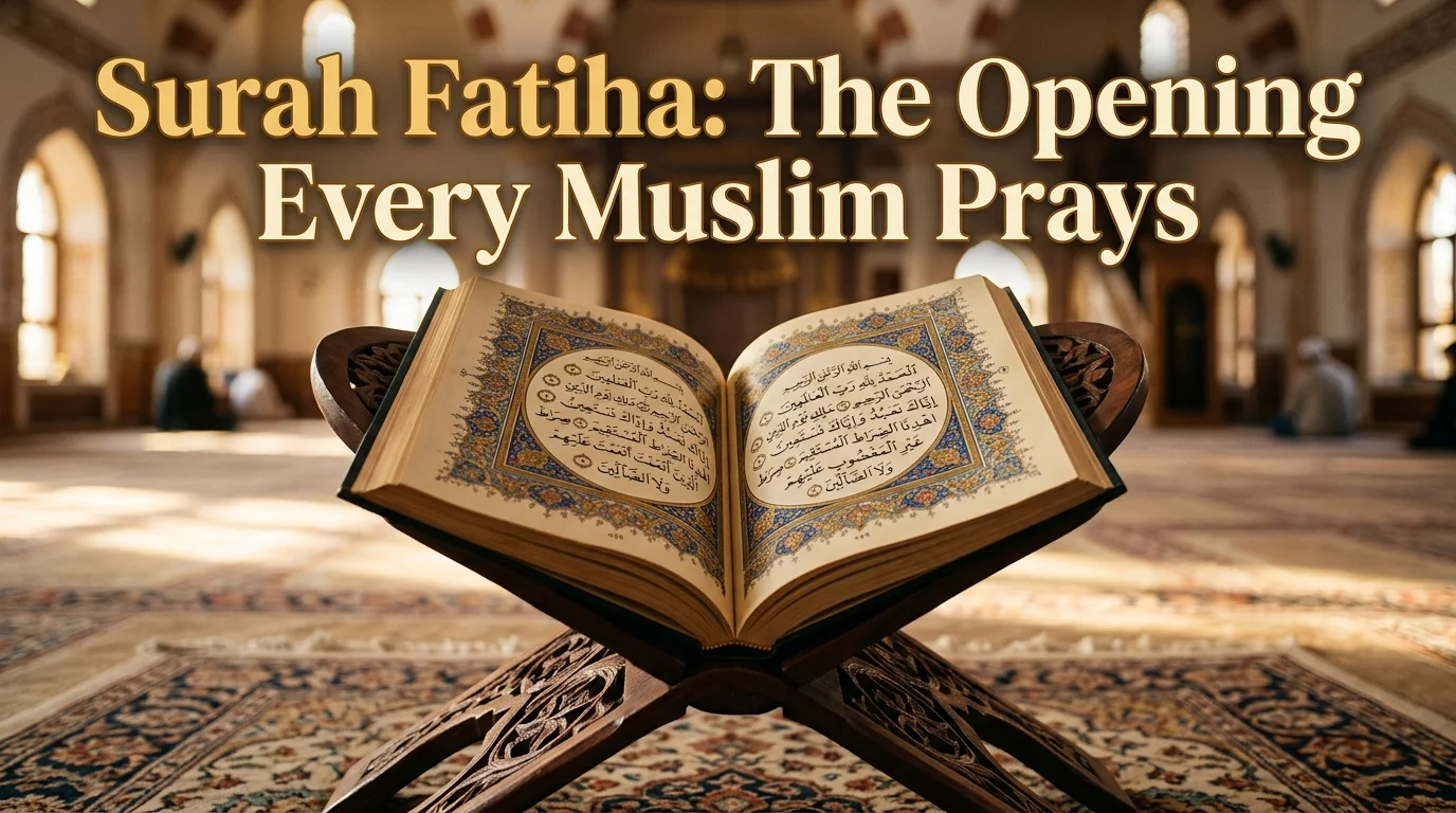 Open Quran showing Surah Fatiha page with title text overlay on a wooden stand