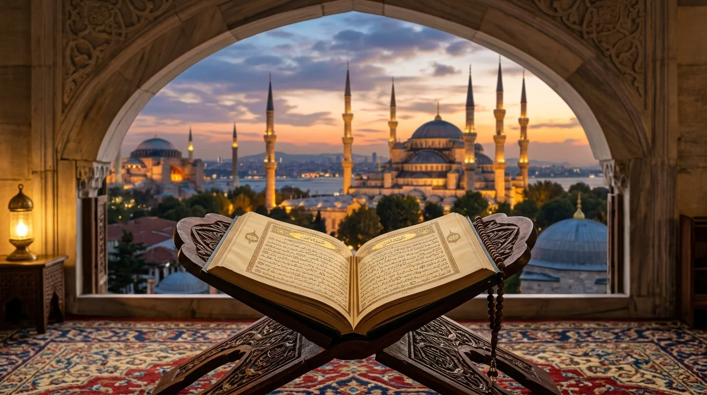 Open Quran overlooking mosque minarets at sunset, illustrating Surah Maun guide