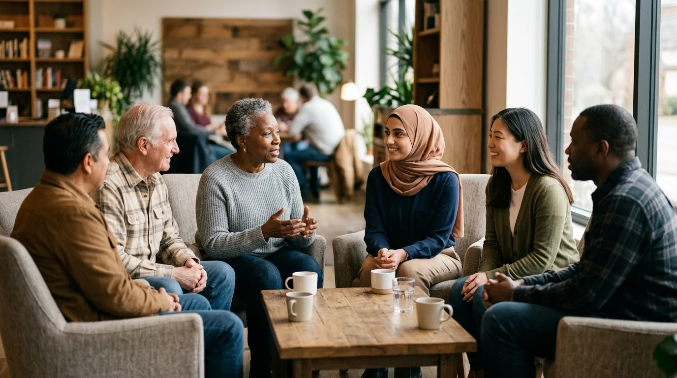 Diverse group of Muslim individuals in respectful conversation representing Islam faith community