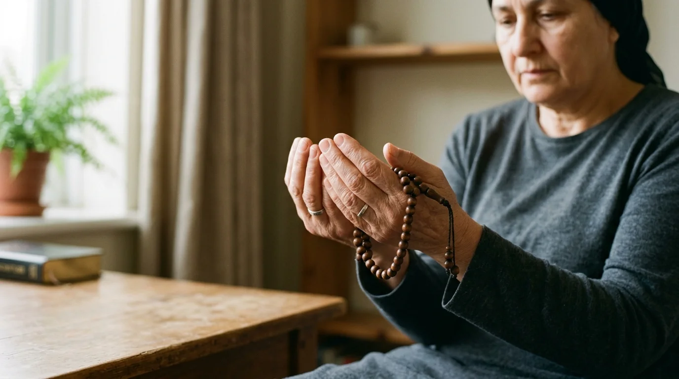 Al Naas Surah: Hands cupped in prayer holding tasbih beads representing recitation and reflection