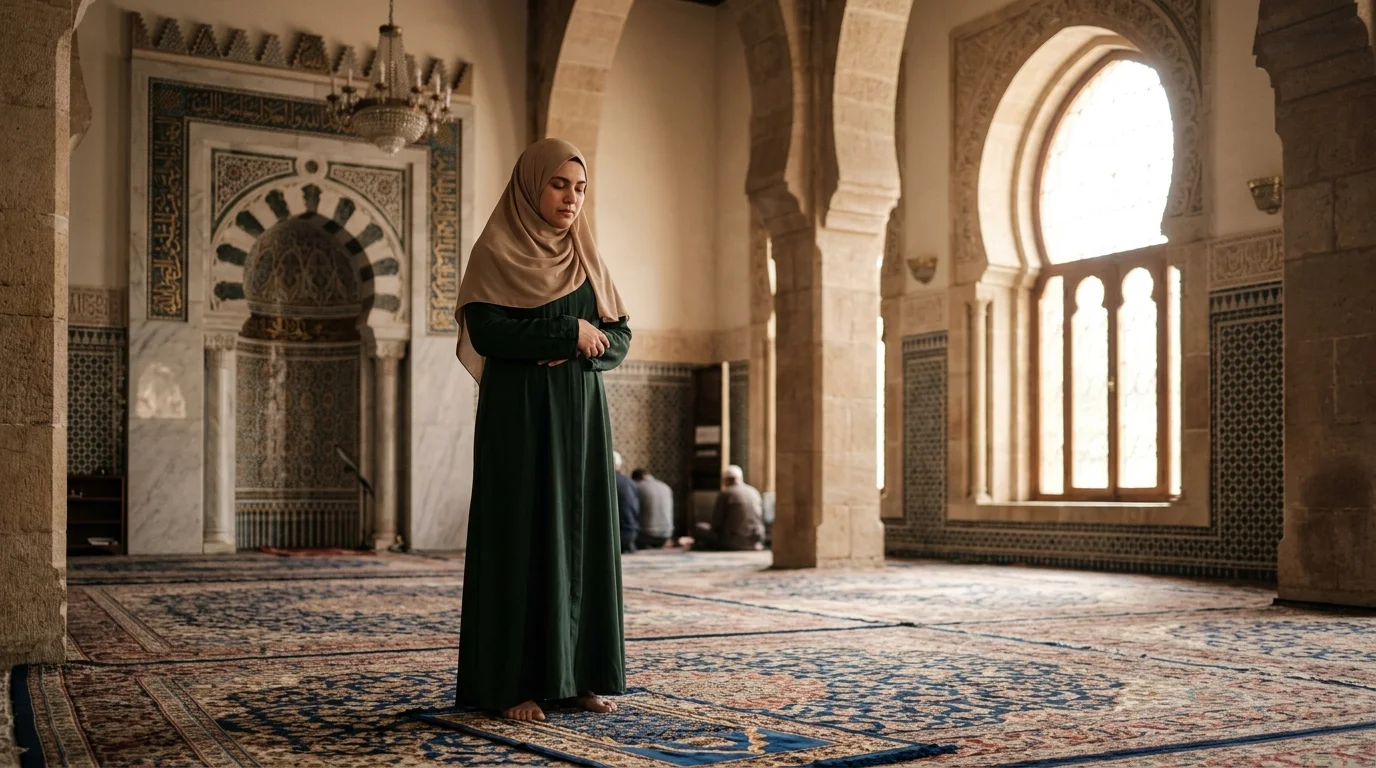 Muslim worshipper standing in prayer reciting Surah Fatiha inside a mosque