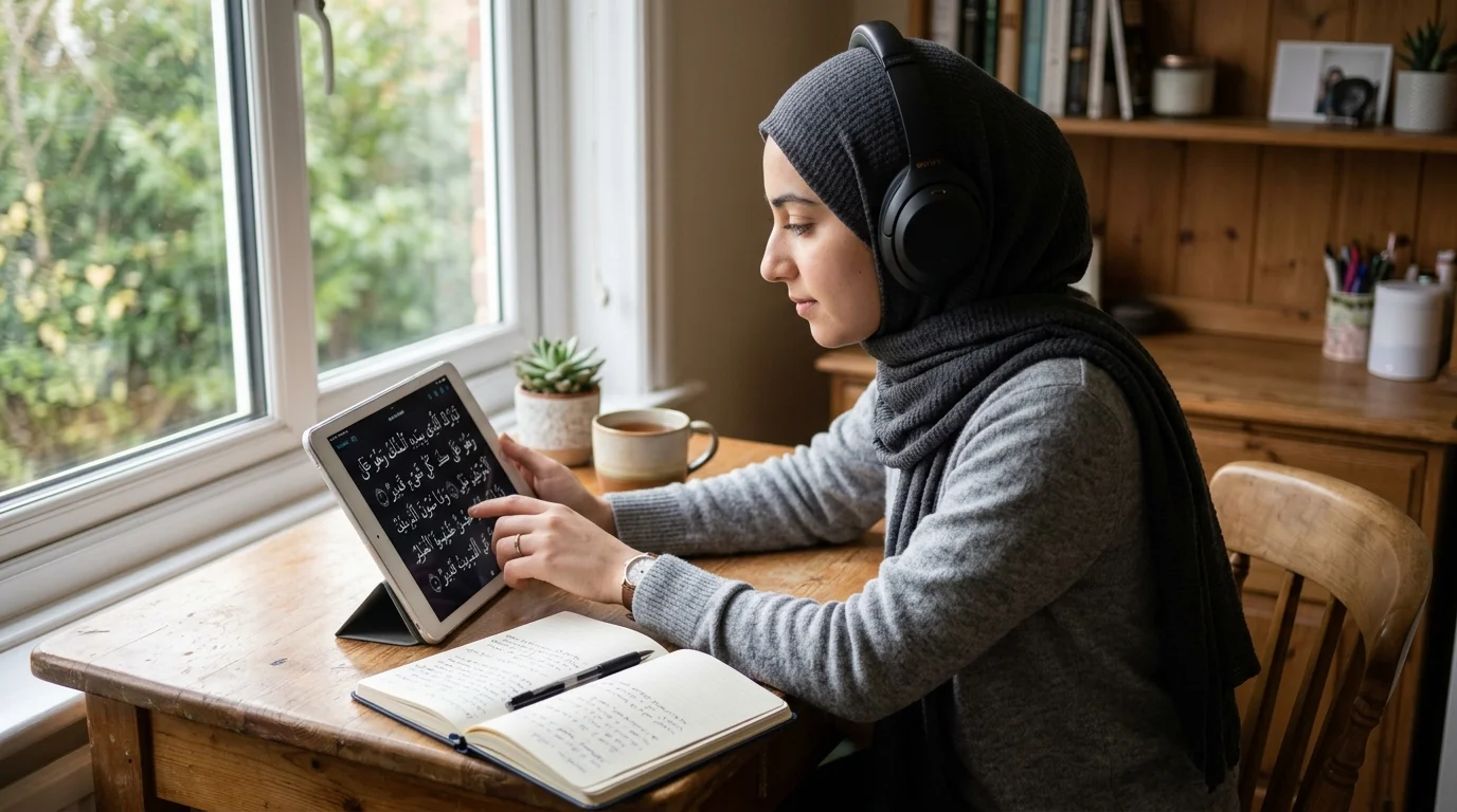 Read Quran Online With Tajweed: Person using headphones and tablet to practice Quran recitation and tajweed rules online