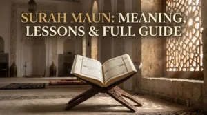 Surah Maun meaning and lessons guide with open Quran in mosque