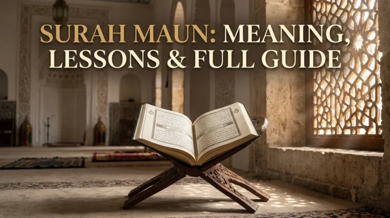 Surah Maun meaning and lessons guide with open Quran in mosque