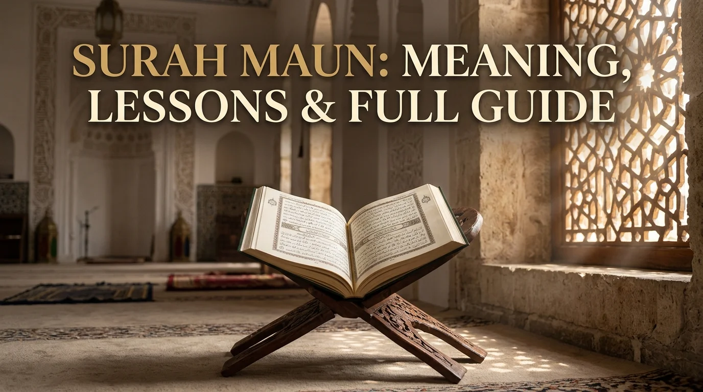 Surah Maun meaning and lessons guide with open Quran in mosque