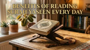 Closed Quran on wooden stand with title text overlay about benefits of reading Surah Yaseen every day