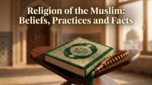 Closed Quran on wooden stand with title text overlay explaining the religion of the muslim