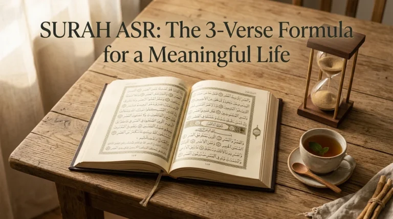 Surah Asr blog featured image showing an open Quran and hourglass with the title Surah Asr the 3 verse formula for a meaningful life