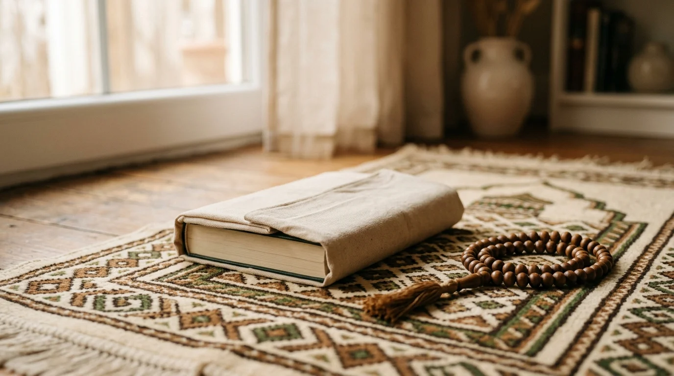 Closed Quran with fabric cover resting on a prayer mat beside tasbih beads