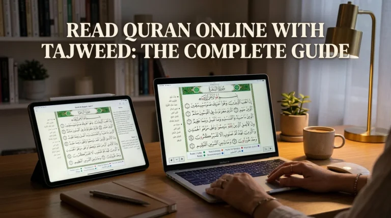 Laptop and tablet showing color coded tajweed Quran text with title overlay for online learning guide