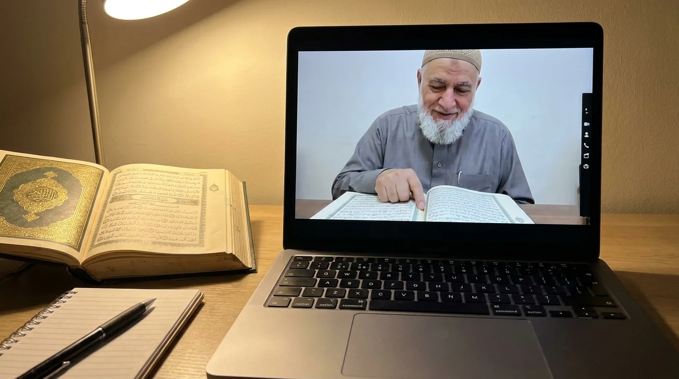 How to Choose an Online Quran Tutor: Online Quran tutor teaching Tajweed recitation to a student during a live video lesson