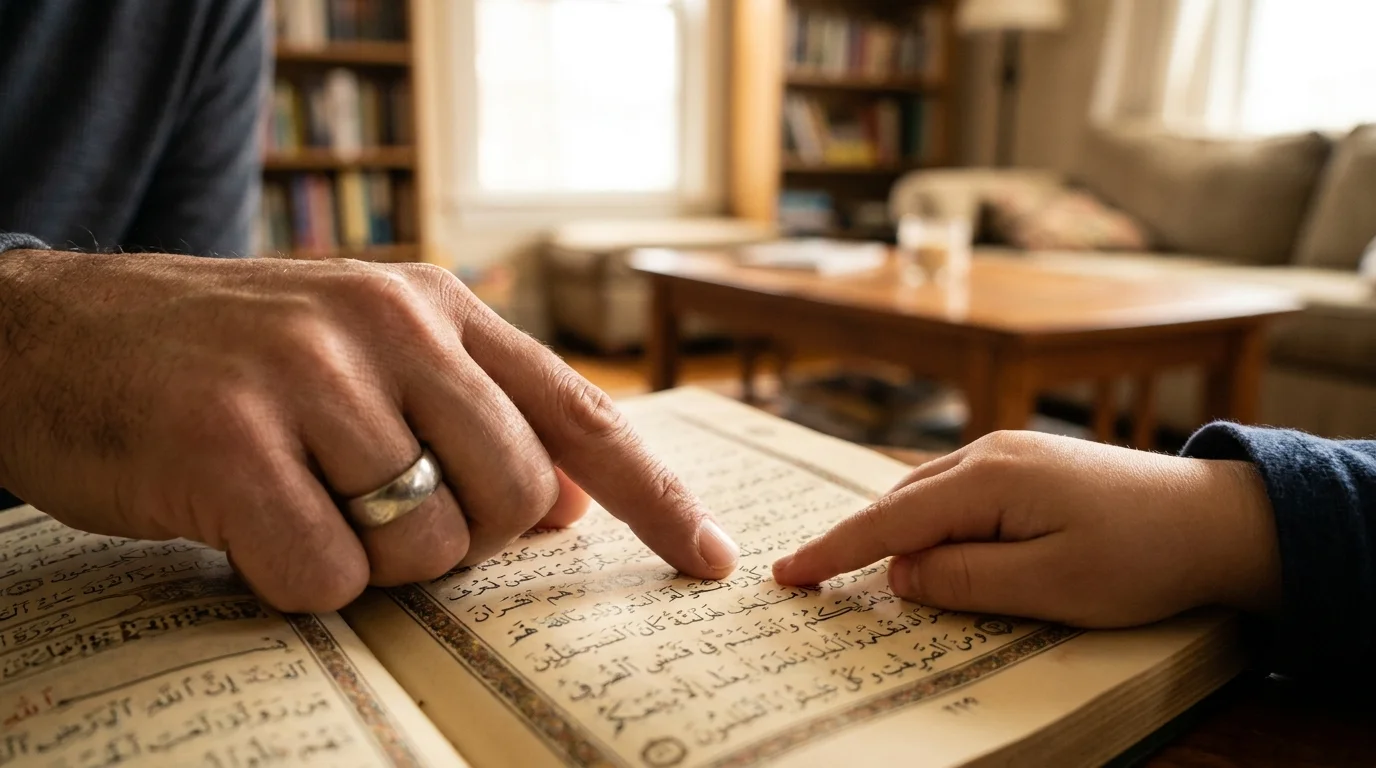 What a Good Quran Tutor Actually Does: Quran tutor teaching a young student Tajweed and recitation during a one-on-one lesson