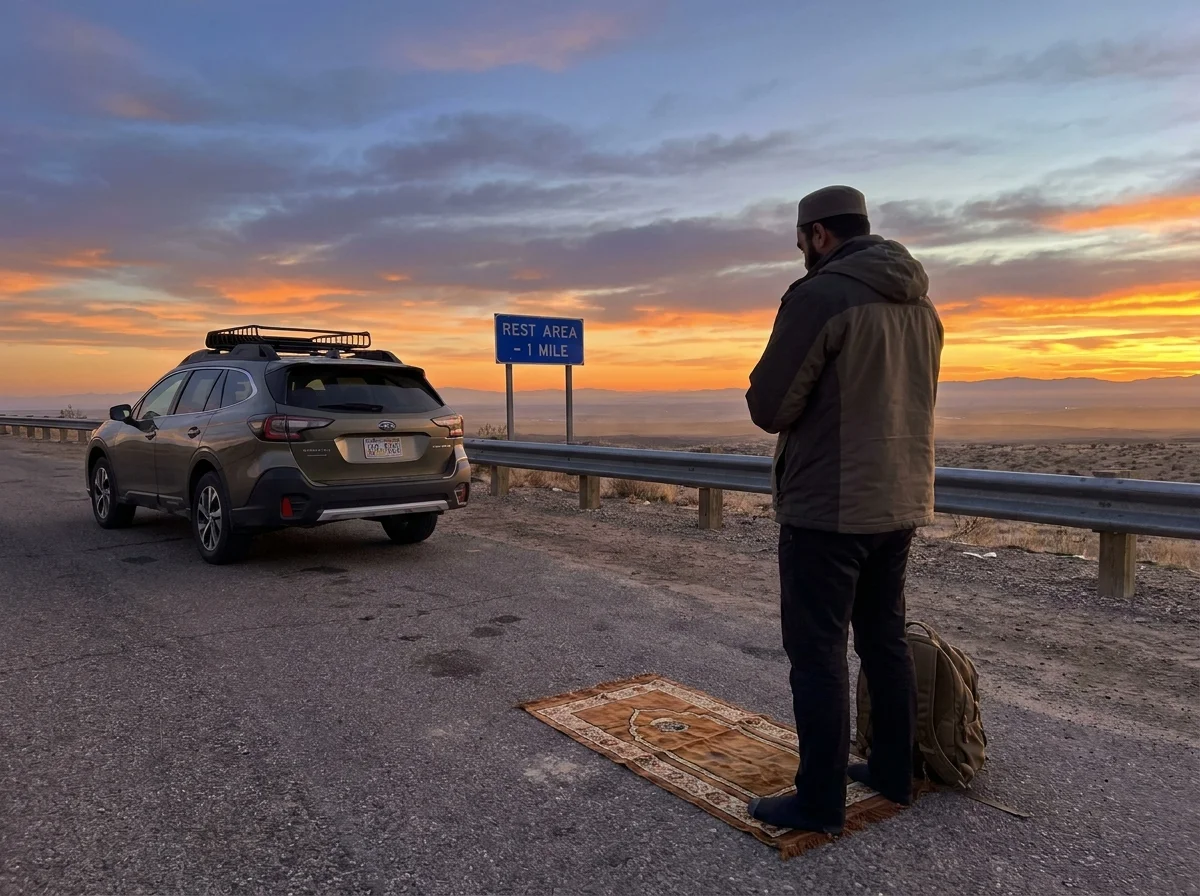 Muslim traveler combining Zuhr and Asr prayers during a journey