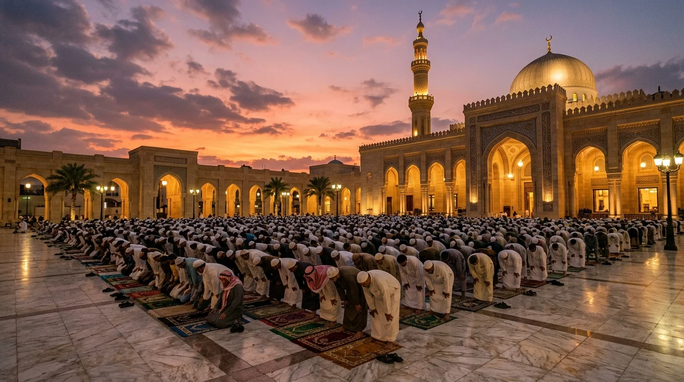 Worshippers gathered for prayer in a mosque courtyard representing daily practice in the religion of the muslim