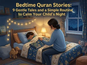 Parent sharing bedtime Quran stories with a child in a softly lit bedroom under a crescent moon
