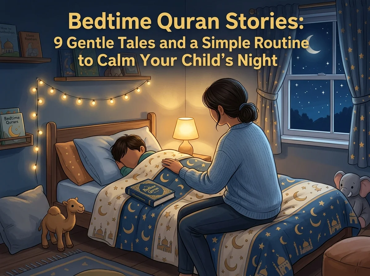 Parent sharing bedtime Quran stories with a child in a softly lit bedroom under a crescent moon
