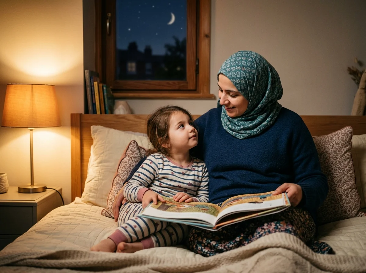 Mother telling a calming bedtime Quran story to her child by lamplight