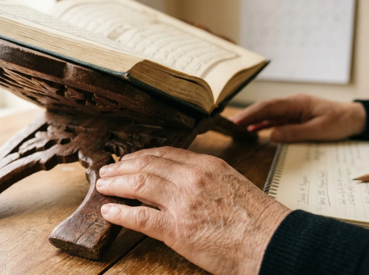 Open Quran, notebook, and daily progress calendar used while learning the Quran from home