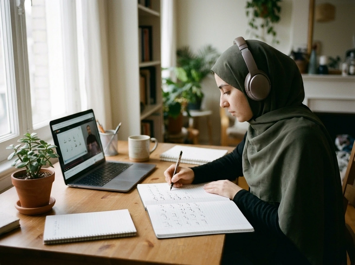 Learner practicing Arabic handwriting with headphones during an online Arabic lesson at home