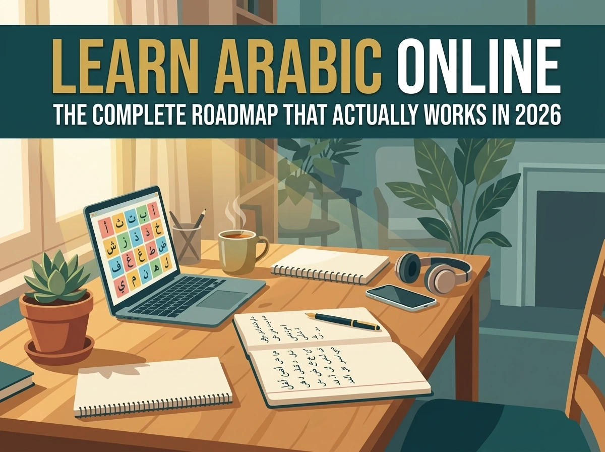 Laptop and notebook with Arabic alphabet on a desk, illustrating how to learn Arabic online