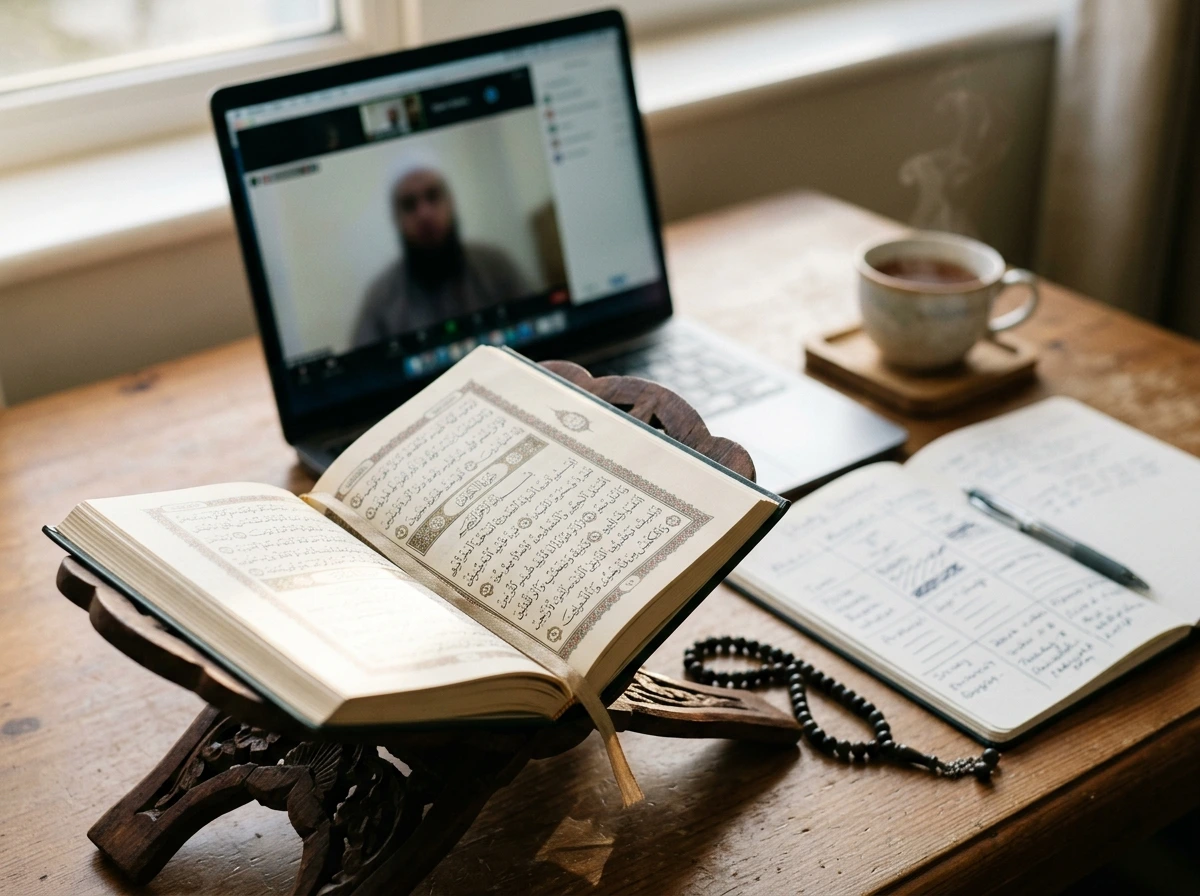 Quran, laptop, and revision notebook set up for an online Hifz course study session