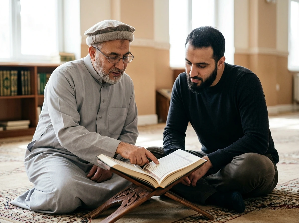 Teacher guiding a learner through correct pronunciation during Quran recitation classes