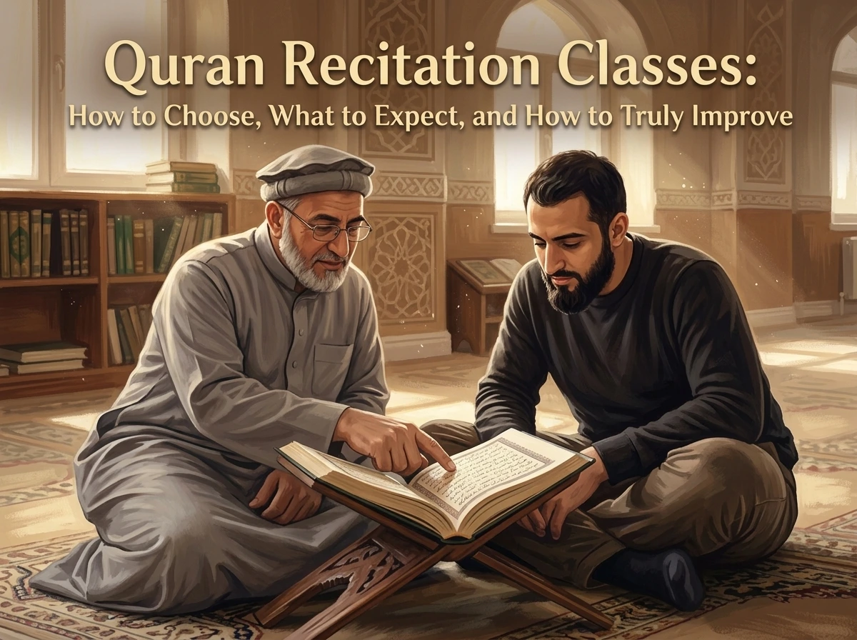 Open Quran on a wooden stand in a peaceful mosque corner representing Quran recitation classes