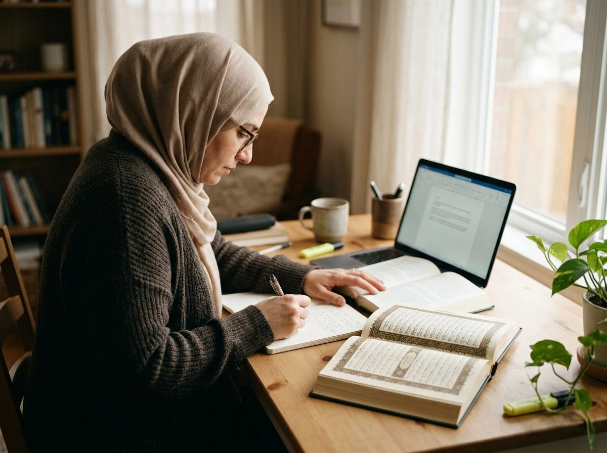 Learner studying verse meanings with notes during a Quran translation course online
