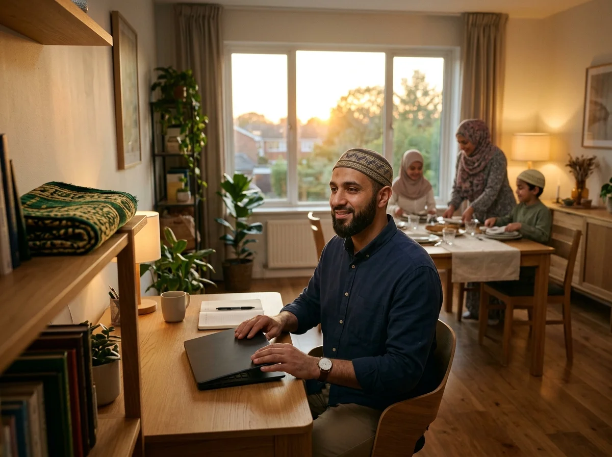 Father finishing work to join family dinner, showing the significance of work-life balance in a Muslim home