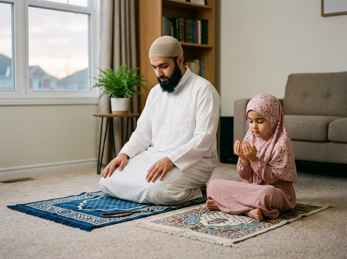 Single Muslim father praying with his daughter at Fajr, showing faith-based single parent advice in Islam