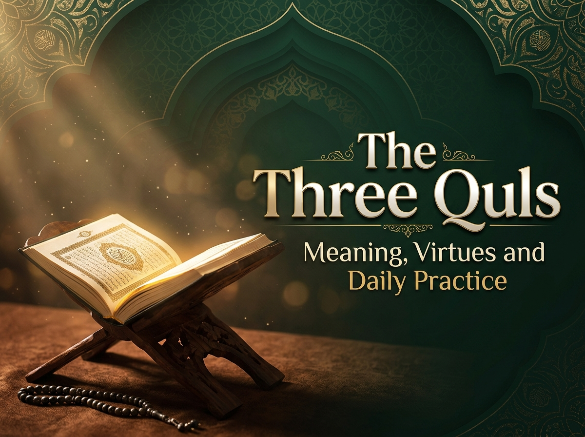 Featured image showing an open Quran in soft dawn light with the title The Three Quls: Meaning, Virtues and Daily Practice