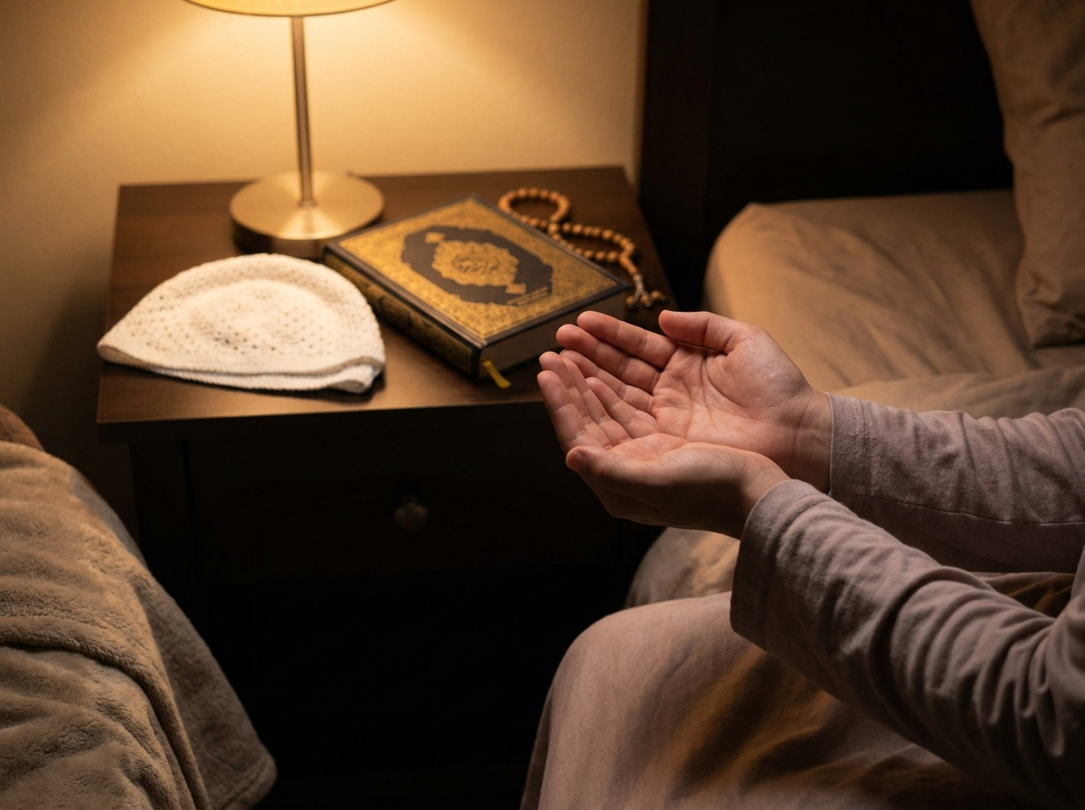 Cupped hands in a bedtime dua posture illustrating the sunnah practice of reciting the Three Quls before sleep